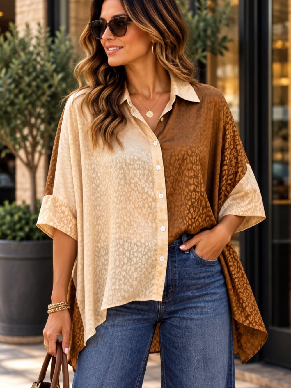 Entro S/M Oversized Leopard Jacquard Colorblock Button Down Blouse